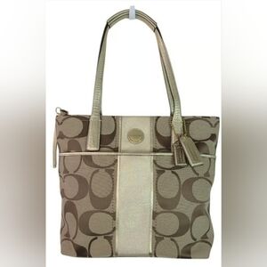 Coach Purse Gold Signature Stripe Coach Tote Handbag Shoulder Bag Hang Tags